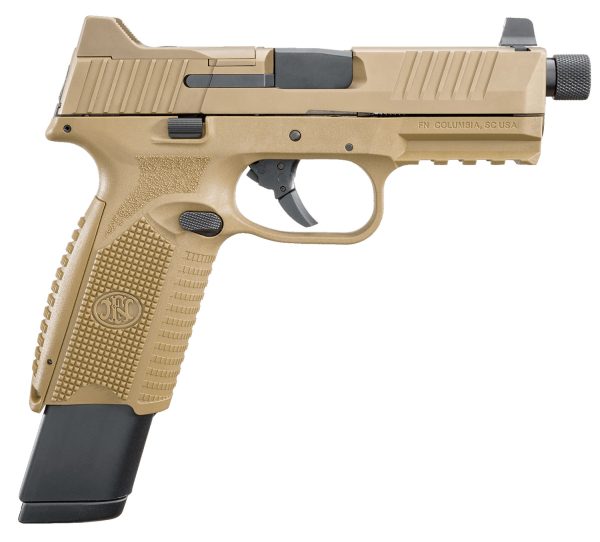 FN 66100373 509T  9mm Luger 17+1/24+1 4.50" Black Steel Threaded Barrel, Flat Dark Earth Optic Cut/Serrated Stainless Steel Slide, Flat Dark Earth Polymer Frame w/Picatinny Rail