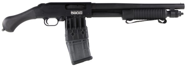 Mossberg 50208 590M Shockwave 12 Gauge 10+1 Mag-Fed 2.75" 15" Heavy Barrel, Blued Metal Finish, Drilled & Tapped Receiver, Corncob Forend w/Strap, Raptor Birdshead Grip Stock