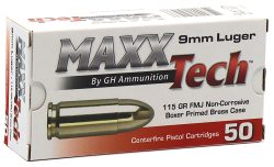 MaxxTech PTGB9MMB Brass Pistol  9mmLuger 115gr Full Metal Jacket 50 Per Box/10 Case