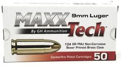 MaxxTech PTGB912B Brass Pistol  9mmLuger 124gr Full Metal Jacket 50 Per Box/10 Case