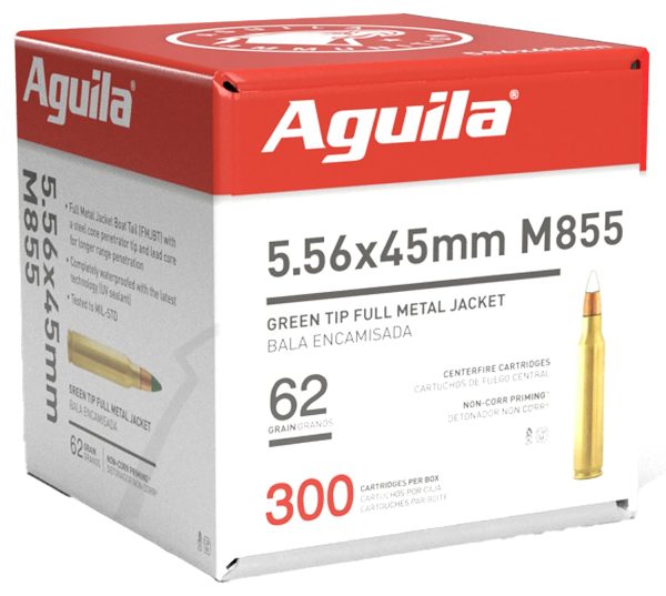 Aguila 1E556125 Green Tip M855 5.56x45mm NATO 62gr Full Metal Jacket Boat Tail 300 Per Box/4 Case