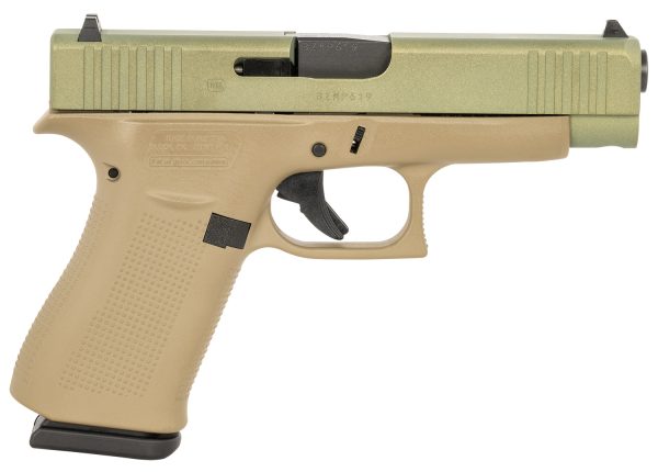Glock PA4850204CTAG G48  Compact Slim 9mm Luger 10+1 4.17" Black GMB Barrel, Agoge Green Serrated Slide, Coyote Tan Cerakote Polymer Frame w/Beavertail, Coyote Tan Polymer Grip, Right Hand