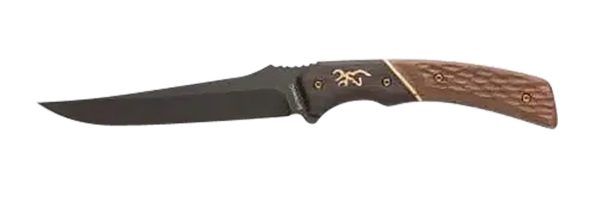 Browning 3220394 Hunter Trail Knife 4.50" Fixed Trailing Drop Point Blade, Black Stonewashed 440C Stainless Steel, Two-Toned Jigged Wood Handle w/Bronze Accents, Includes Leather Sheath