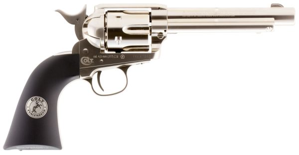 Umarex Colt Air Guns 2254051 Colt Peacemaker CO2 Pistol 177 Pellet 6rd Single Action, Nickel Frame, CO2 Housed In Black Polymer Grip