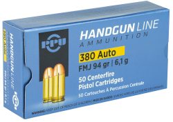 PPU PPH380AF Handgun  380ACP 94gr Full Metal Jacket 50 Per Box/20 Case