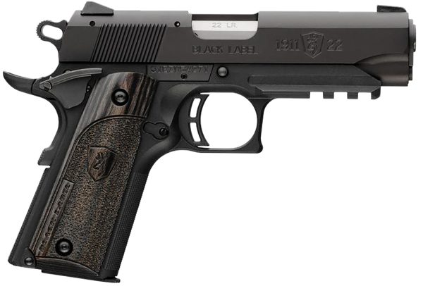 Browning 051817490 1911-22 Black Label Compact Frame 22 LR 10+1, 3.63" Stainless Steel Barrel, Matte Black Serrated Slide & Polymer Frame w/Beavertail & Picatinny Rail, Black Laminate Stippled Grip